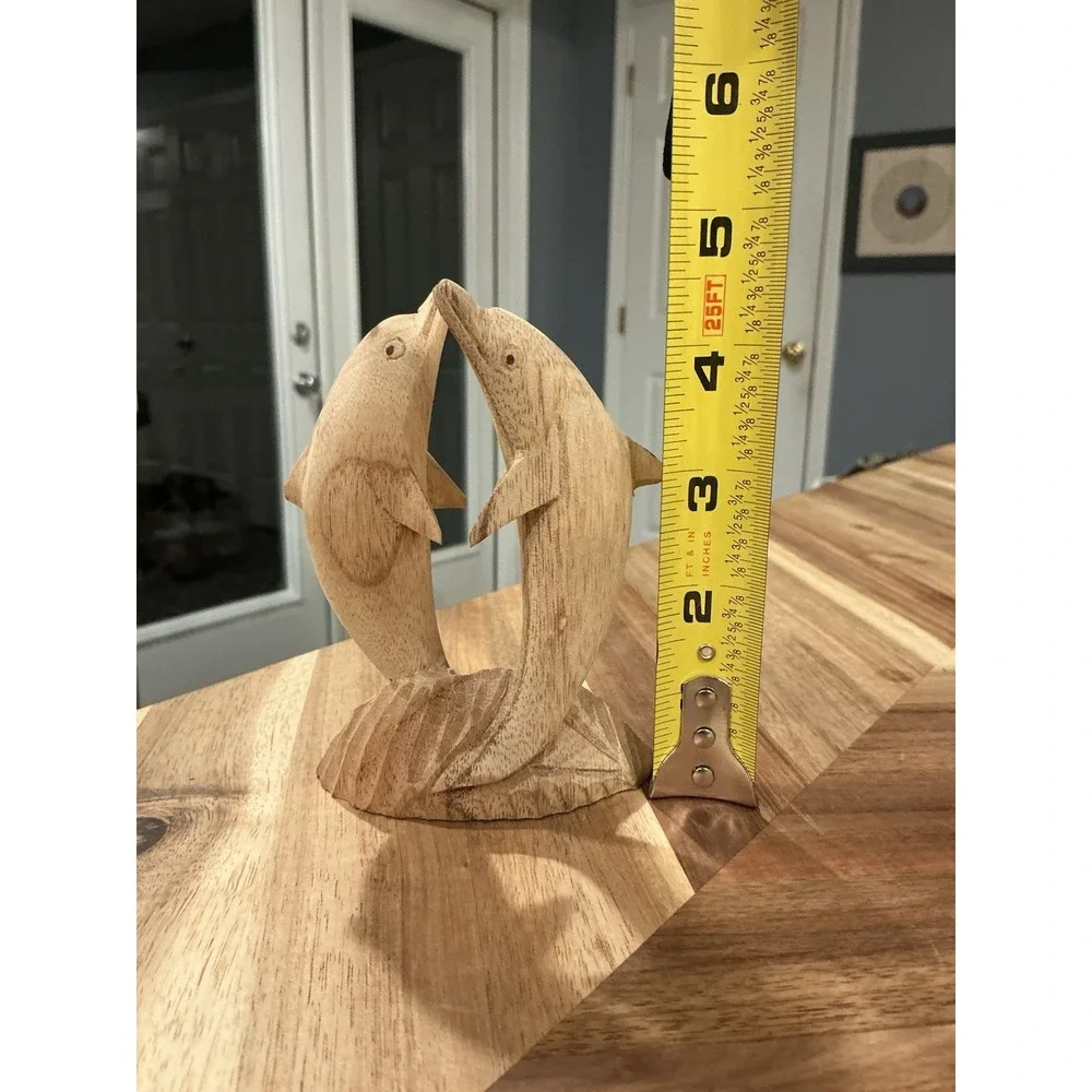 Dolphin Pair‎ Wood Hand Carved Figurine Nautical Coastal Decor